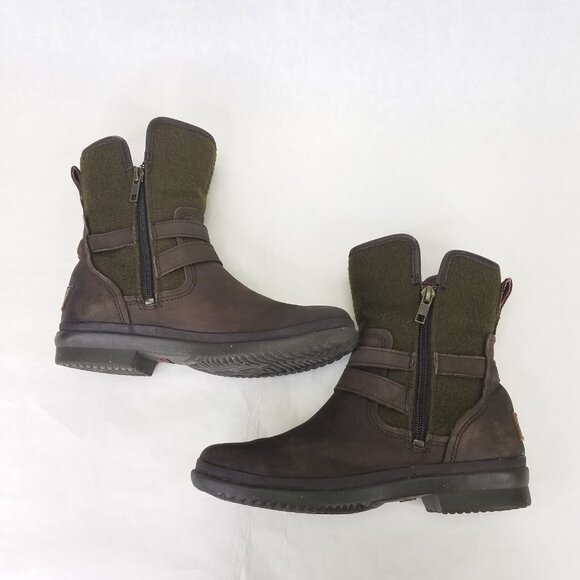 UGG Simmens Boots Women 6 Leather Waterproof Brown Olive Shearling Lining Zip Up - Picture 7 of 16